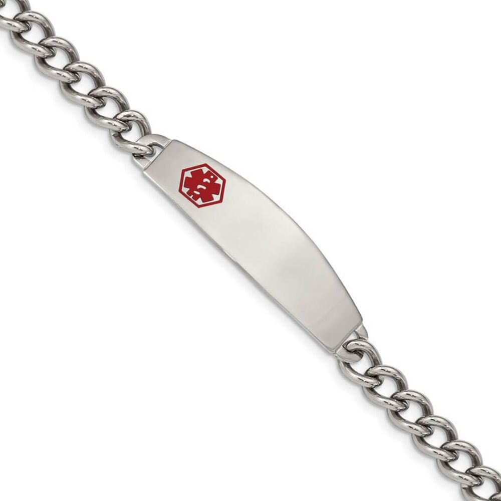 Men's Stainless Steel Red Enamel Medical I.D. 8.5 Inch Bracelet